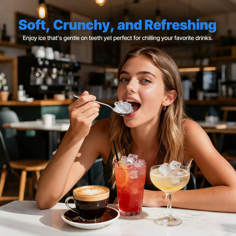 Woman enjoying drinks with soft chewable ice from Countertop Nugget Ice Maker Makes Forty Eight Pounds Per Day With Instant Freeze Speed And Zero Stress Cleaning Whips Up Smooth Chewable Pellets For Legit Chill Backyard Hangs.