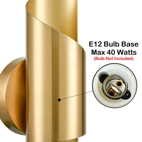 Close-up of Gold Brass Wall Sconces Set Of Two with E12 bulb base, max 40W, highlighting sleek modern design.