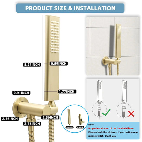 Brass High Pressure Handheld Shower Head Set in Brushed Gold Arc Design With Adjustable Elbow Wall Connector installation guide.
