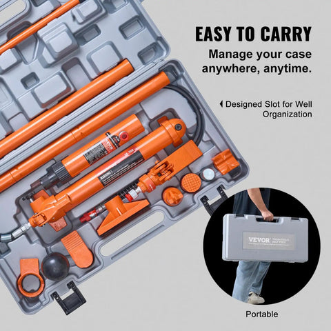 10 Ton Portable Hydraulics Porta Power Kit With 4.6 Ft Long Hose And Extended Handle Auto Body Frame Repair Jack System Includes Sturdy Carry Case, organized in carrying case.