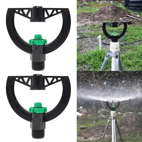 2 Pack 6 Nozzle Center Pivot Sprinkler System For Low Pressure Irrigation, 4-7m Spray Radius, DN15, in use on tripod in garden