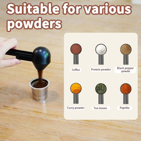 One-Handed Scoop With Funnel For Ground Coffee Protein Powder And Tea, 2 Tbsp Mess Free Pour, Spill Proof Funnel Keeps Spills In Check, Reusable K Cup Refiller Compatible, Black, 1 Pack being used to fill K-Cup with coffee grounds.
