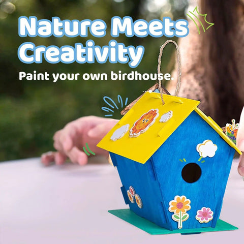 DIY Wooden Bird House Kit For Kids And Adults with painted design, colorful stickers, and hanging string shown in vibrant decor.