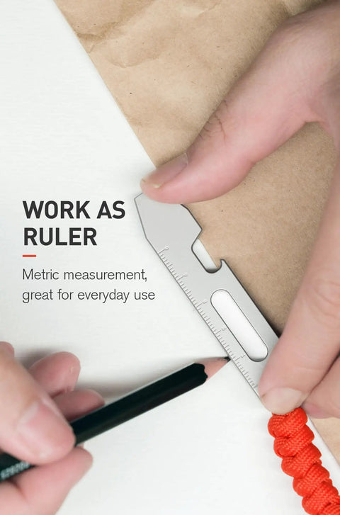 Using Titanium EDC Pry Bar Multitool With Dope Bottle Opener And Hex Wrench Ruler for measuring, showing gunmetal grey finish.