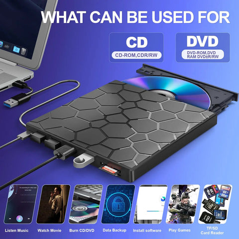 Ultra Slim External CD DVD Drive For Laptop And Desktop, 8 In 1 USB Three Point Zero Portable CD Burner, Easy Plug And Play Optical Drive Compatible With Mac Windows Linux, Power Cable Included For Reliable Performance, black external drive with USB hub and card reader