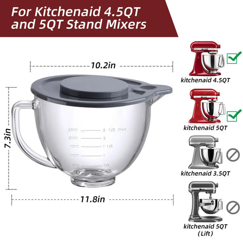 Transparent mixing bowl with lid for KitchenAid 4.5QT and 5QT Stand Mixers, dimension details shown, compatible models listed.