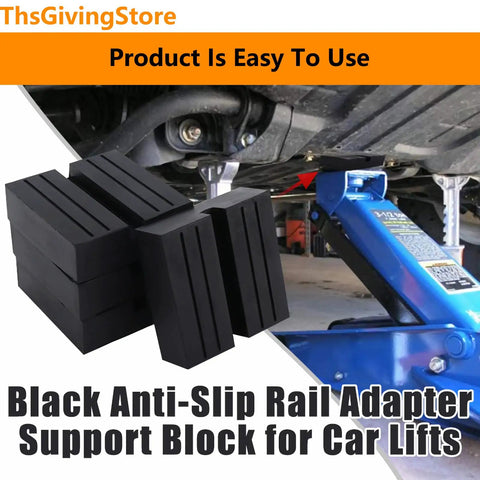 Heavy Duty Square Jack Pads With Anti-Slip Rubber Build For Safe Car Lifting And Pinch Weld Protection on a car lift, showing black rubber adapter blocks.
