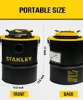 Heavy Duty 4 Gallon Ash Vacuum For Wood Stoves And Fireplaces with 11.8 inch width and 17 inch height, shown from front and back.