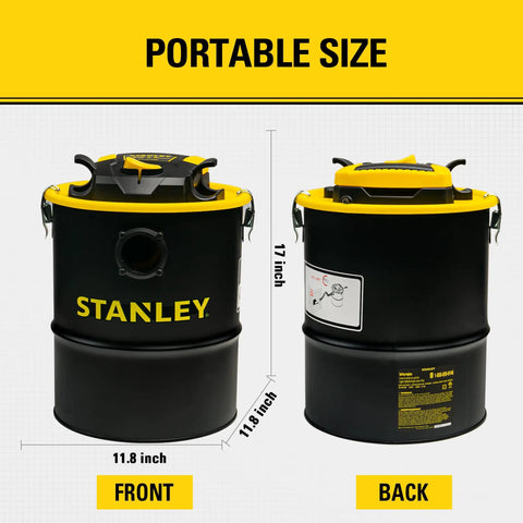 Heavy Duty 4 Gallon Ash Vacuum For Wood Stoves And Fireplaces with 11.8 inch width and 17 inch height, shown from front and back.