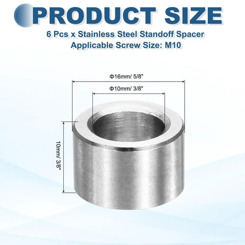 Six Pack M10 Stainless Steel Spacers, Three Eighths Inch Inside Diameter, Five Eighths Inch Outside Diameter, Three Eighths Inch Long, Unthreaded Round Standoff Bushings, Plain Finish, For Screws And Bolts, Silver shown with M10 and 3/8-inch size markings