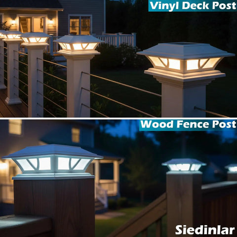 Two Pack Solar Post Cap Lights For Outdoor Decks And Fences Fits 4x4 5x5 6x6 Posts With Warm White And Cool White LEDs at night