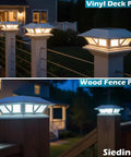 Lit 4 Pack Solar Post Cap Lights For 4x4 5x5 6x6 Posts on vinyl and wood posts at night, warm and cool white light modes
