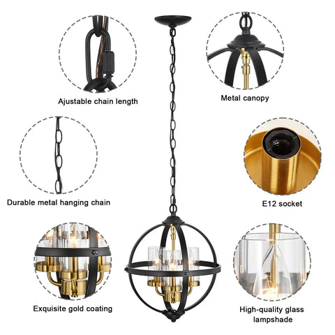 Rustic Farmhouse Chandelier 14-Inch Globe Pendant Light In Vintage Black And Gold, 3 Light E12 Adjustable Ceiling Fixture details