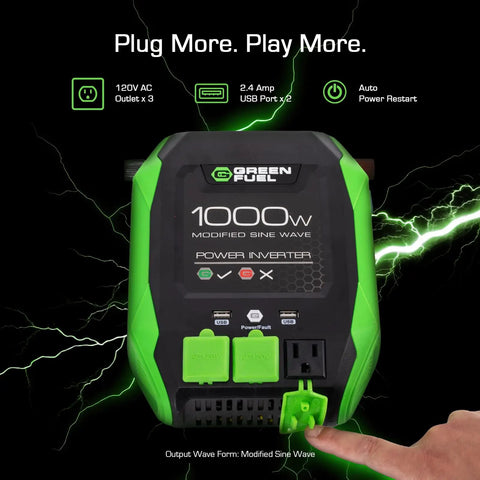 Road Ready 1000W Power Inverter 2000W Peak DC 12 Volt To AC 120 Volt Converter with three outlets and USB ports.