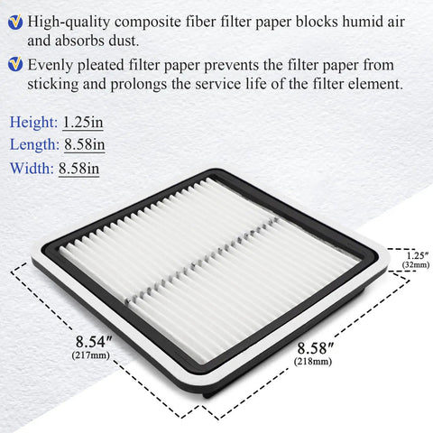 Engine Air Filter Replacement For Impreza 2008 2016 Forester 2009 2018 Legacy 2005 2019 Outback 2005 2019 WRX 2013 2021 Crosstrek 2013 2021 And B9 Tribeca 2006 2007 OE CA9997 A35592 16546AA090 Easy Install With Long Lasting Protection, showing dimensions and material
