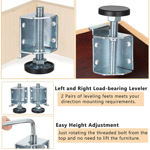 Heavy Duty Corner Leveling Feet For Uneven Floors Adjustable Furniture Levelers with brackets, threaded bolt, and adjustment tool