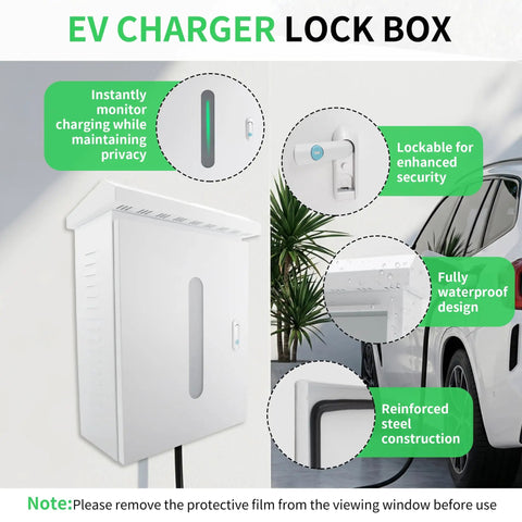 Heavy Duty Outdoor EV Charger Lock Box with waterproof design and viewable window, 23.6 x 16.9 inch white alloy steel construction.