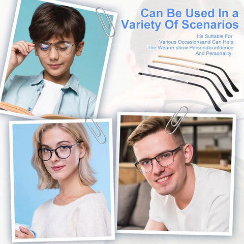 Universal Glasses Repair Kit With Screws And Two Pairs Of Replacement Arms For Broken Specs featuring people wearing glasses.