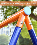 Backyard Swing Set With Trampoline For Kids And Adults, Heavy Duty A Frame, 440 Lb Capacity; close-up of steel A-frame.