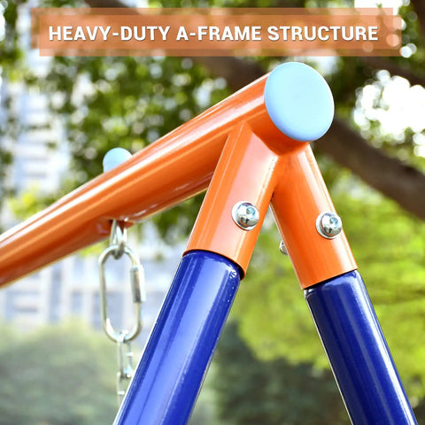 Backyard Swing Set With Trampoline For Kids And Adults, Heavy Duty A Frame, 440 Lb Capacity; close-up of steel A-frame.
