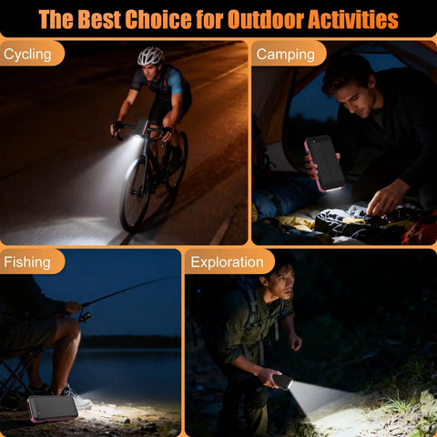 Outdoor Power Bank 33800mAh With Solar Charging And Super Bright LED Flashlight Portable Charger in various outdoor activities.