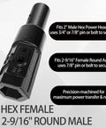 Heavy Duty 2 Inch Hex To 2 9 16th Inch Round Auger Adapter for skid steer and tractor, hex to round bit converter, close-up view.