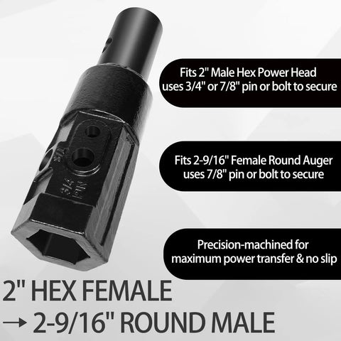 Heavy Duty 2 Inch Hex To 2 9 16th Inch Round Auger Adapter for skid steer and tractor, hex to round bit converter, close-up view.