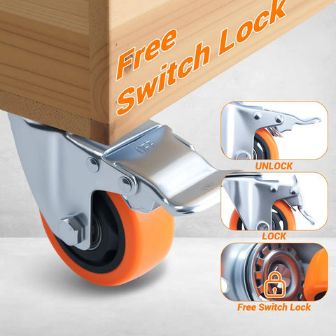 3 Inch Caster Wheels Set of 4 with Brakes, Quiet Polyurethane Casters featuring free switch lock demonstration.