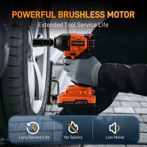 Beefy 20V Brushless Impact Wrench Kit being used to change car tire, powerful brushless motor and extended tool life visible
