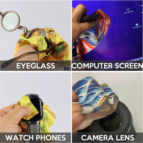 Seabbo 4-pack microfiber cleaning cloths on keychain; double-sided World Classic Art design for eyeglasses, screens, watches, and camera lenses.