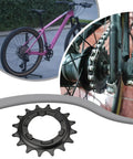 Two Pack 16 Tooth MTB Bike Sprocket Black 70mm Outer Diameter 34mm Inner Diameter Corrosion Resistant Easy Install Fits Hub Gear 3 7 8 Speed Durable Rear Cassette Sprocket For Long Rides with pink bike and close-up of sprocket installation.