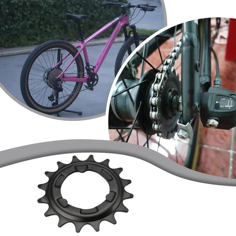 Two Pack 16 Tooth MTB Bike Sprocket Black 70mm Outer Diameter 34mm Inner Diameter Corrosion Resistant Easy Install Fits Hub Gear 3 7 8 Speed Durable Rear Cassette Sprocket For Long Rides with pink bike and close-up of sprocket installation.