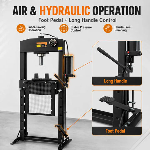 Heavy Duty Air Hydraulic Shop Press With Foot Pedal Totally Badass Rig showcases detailed air and hydraulic controls, adjustable features.