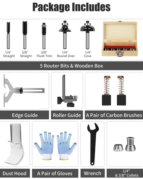 Compact Wood Router With Fixed Base And Edge Guide For Precise Edges, includes router bits, guides, dust hood, gloves, and wrench.