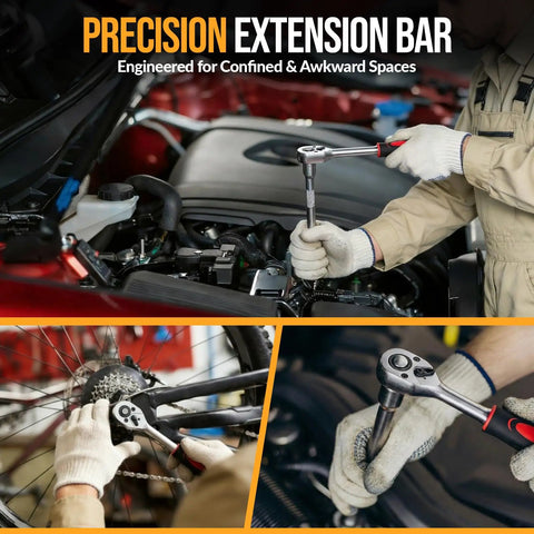 Professional Grade Mini Socket Set Featuring Quick Grip Ratchet And Extension Bar in use on a vehicle's engine compartment.