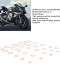 568 Piece Copper Washers Set With 30 Sizes M5 To M28 For Oil Drain Plugs And Gasket Seals shown in various sizes with a motorcycle.