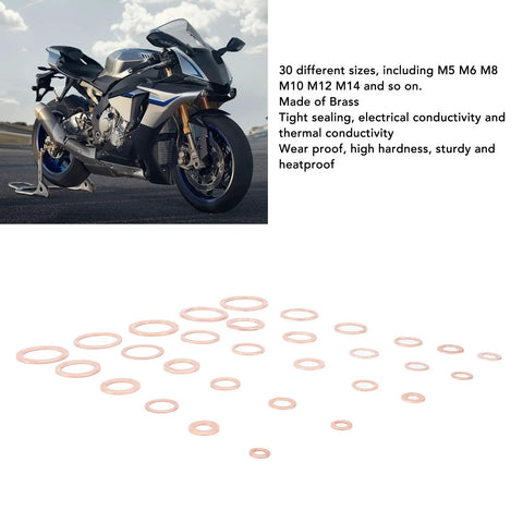 568 Piece Copper Washers Set With 30 Sizes M5 To M28 For Oil Drain Plugs And Gasket Seals shown in various sizes with a motorcycle.
