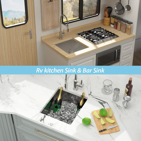 Undermount Bar Prep Sink 14x18 Inch Deep Single Bowl, 18 Gauge T304 Stainless Steel With Brushed Finish in RV kitchen.