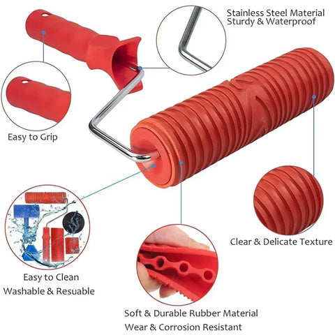 Top Shelf Wood Grain Texture Roller Kit With Comfy Ergonomic Grips For DIY Wall Makeovers featuring a close-up of the ergonomic grip and rubber roller.