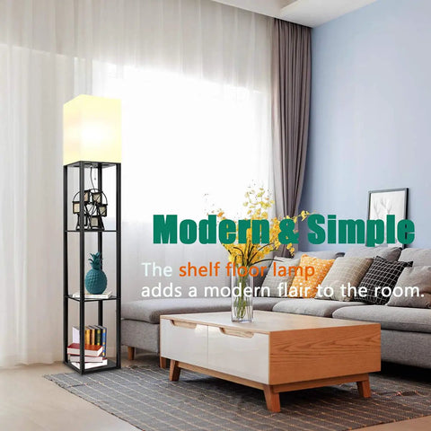 Floor Lamp With Shelves Modern Standing Shelf Light With 3 CCT LED Bulbs Built In Storage Shelves For Living Room Black Finish