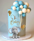 Too Cute Elephant Themed Cake Decor Set For Baby Birthday Cakes With Mini Elephants Blue And White Pearl Balls Hot Air Balloon Accents