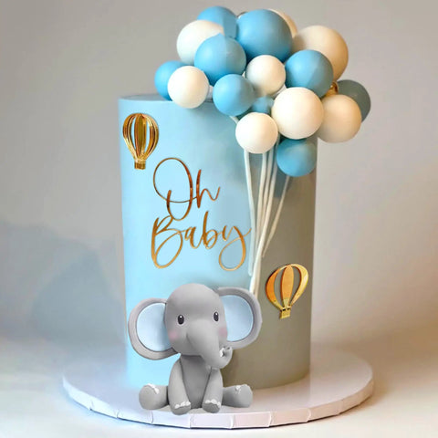 Too Cute Elephant Themed Cake Decor Set For Baby Birthday Cakes With Mini Elephants Blue And White Pearl Balls Hot Air Balloon Accents