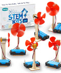 Six STEM Fan Kits For Kids Aged 8 To 12 DIY Wooden Fan Building Toys with orange propellers and battery holders shown in packaging.