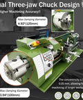 Shop Grade Benchtop Metal Lathe With Dual Chucks For Long Shafts Tubes 1100W Brushless Motor with three-jaw chuck design.