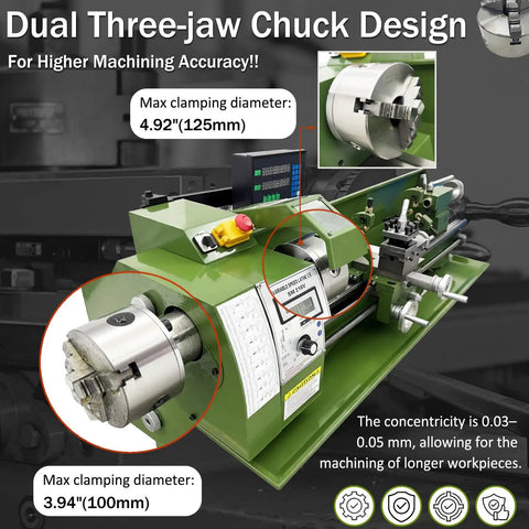 Shop Grade Benchtop Metal Lathe With Dual Chucks For Long Shafts Tubes 1100W Brushless Motor with three-jaw chuck design.