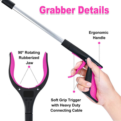 Grabber Reacher Tool, 32-inch, purple/black with 90-degree rubberized rotating jaw and ergonomic soft-grip handle