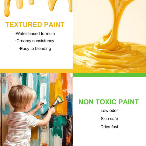 Textured yellow paint and child painting on wood; 14 Top Shelf Matte Chalk Paint Bottles Built For Zero Sweat Furniture Renovations Paired With A Genuine Liquid Wax Compound To Shield Your Sweet Home Decor From Daily Wear And Tear.