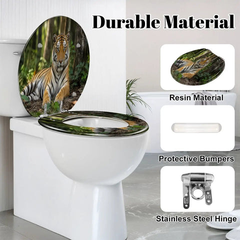 Round Tiger portrait Toilet Seat with durable resin material and soft-close hinge on a bathroom toilet.