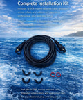 Kilogorge 20ft marine RJ45 Ethernet cable, male-to-male; black cable with installation clamps and waterproof caps