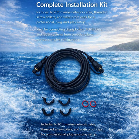 Kilogorge 20ft marine RJ45 Ethernet cable, male-to-male; black cable with installation clamps and waterproof caps
